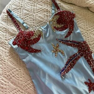 Light Blue Embellished Maxi Dress with Red Sequin Motifs